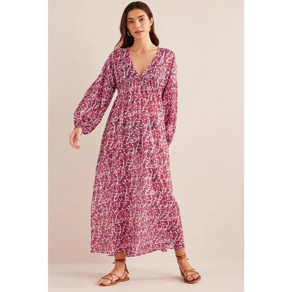 Boden Sarah Maxi Kaftan Dress Red Floral Empire Waist Long Sleeve Cover Up Sz 4 - Picture 1 of 7